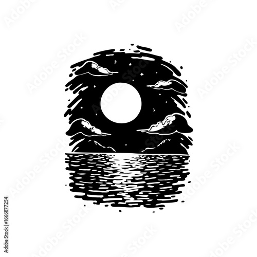 Moonlit waters reflection monochrome illustration a serene night seascape with ethereal beauty and