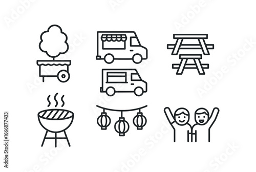 vector outline icons twilight carnival (food court): cotton candy stand food trucks picnic tables sizzling grill lanterns joyful visitors.