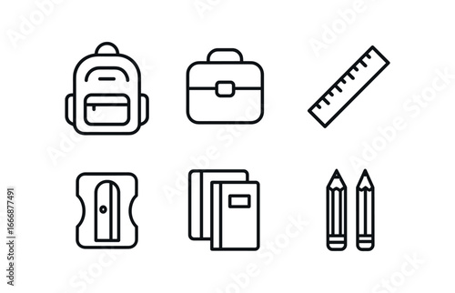 vector outline icons primary years (school supplies): backpack lunchbox ruler sharpener notebooks pencils.