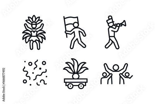 vector outline icons twilight carnival (parade): costumed dancers flag bearers marching confetti float cheering crowd.