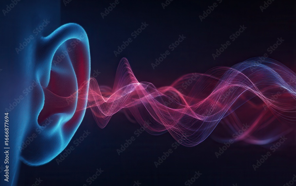 Fototapeta premium Abstract visualization of sound waves entering a human ear with glowing particles