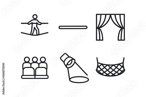vector outline icons tightrope walking (circus tent): performer on rope balance pole red curtains audience seats spotlight stage net.