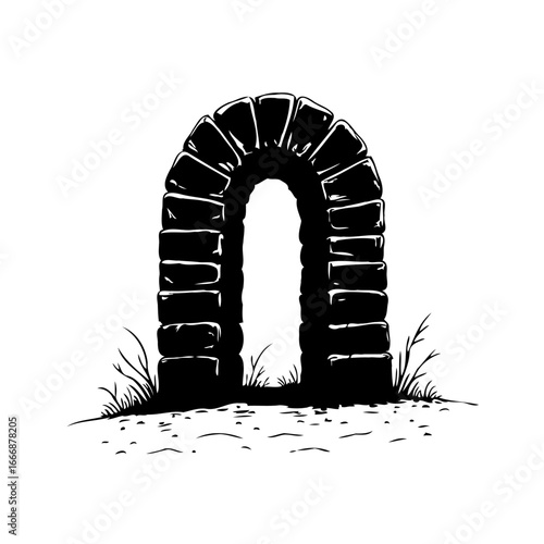 Mystical portal archaic brickwork passage silhouette drawing rustic stone archway on grassy