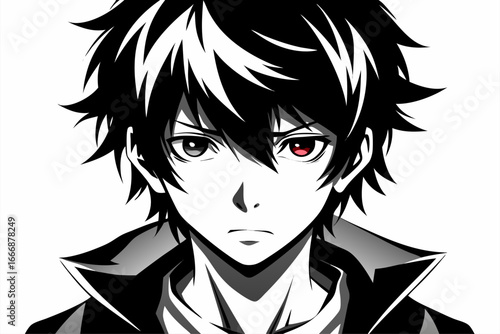 Minimalist black and white vector illustration of an anime boy silhouette with messy hair and sharp features. Perfect for manga, anime artwork, character design, digital art, graphic design projects, 