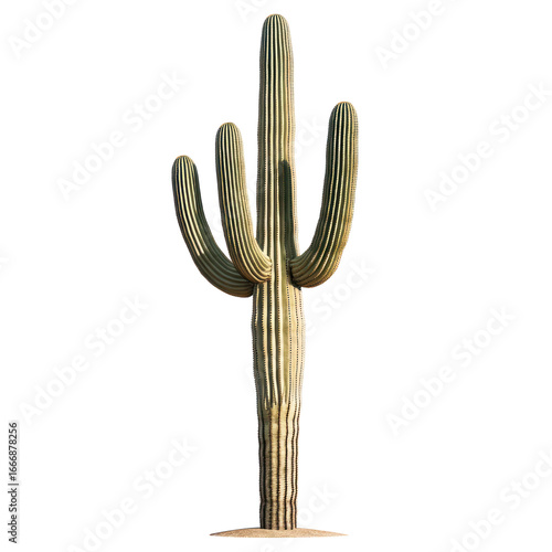 A tall saguaro cactus standing in a desert landscape with a transparent background