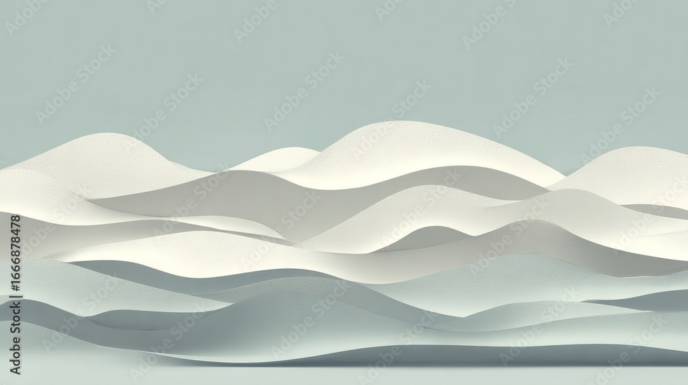 Obraz premium Minimalist abstract layered paper waves in soft white and grey tones on muted background, elegant flowing 3D landscape for modern creative design