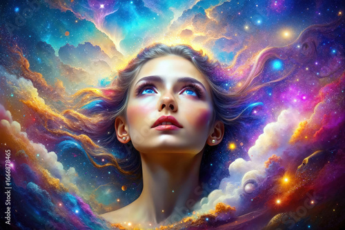 Cosmic woman among stars with glowing sky and colorful nebula clouds. Can be used for posters, book covers, album art, and digital campaigns.