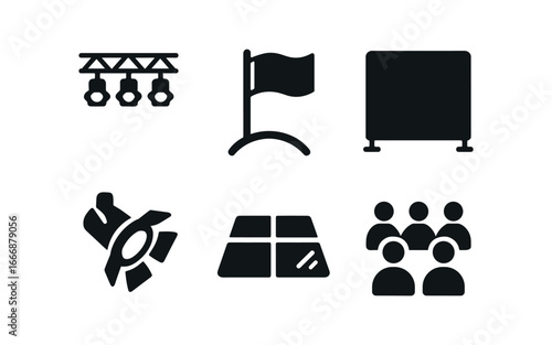 vector solid black filled icons flag spinning (indoor event): stage lights flag arc black backdrop spotlight polished floor seated audience.