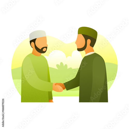 Illustration of two Muslim men shaking hands, symbolizing brotherhood, respect, and unity in Islam.