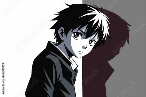 Minimalist black and white vector illustration of an anime boy silhouette with messy hair and sharp features. Perfect for manga, anime artwork, character design, digital art, graphic design projects, 