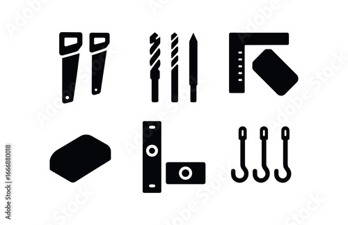 vector solid black filled icons woodworker (tool wall): hanging saws drill bits measuring square sanding block levels tool hooks.