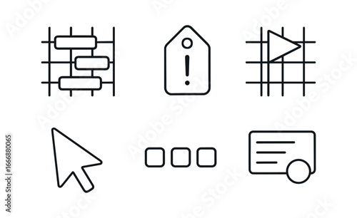 vector outline icons task prioritization matrix (roadmap overlay): timeline bars priority tags milestone flags grid background pointer icon legend.