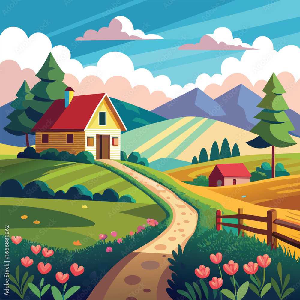 Fototapeta premium A charming cartoon village with green hills, rural houses, and trees under a clear blue sky