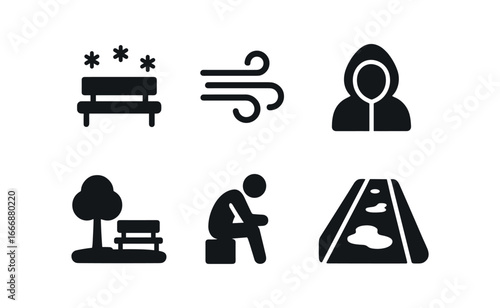 vector solid black filled icons discomfort (outdoor setting): cold bench windy day raincoat hood empty park hunched figure wet path.