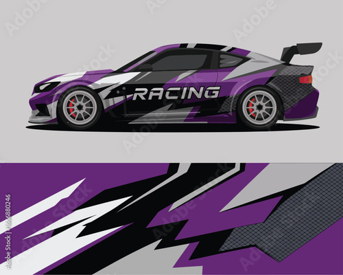 Modern Race Car Livery Design with Purple and White Abstract Graphics