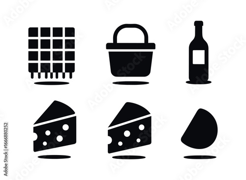 vector solid black filled icons spring market (picnic vibe): picnic blanket basket icon wine bottle cheese wedge shadow smear light rim.