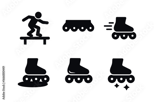 vector solid black filled icons rollerblading (aggressive trick): rail grind skate frame motion blur shadow smear light rim spark dots.