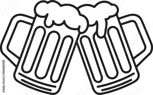 Vector outline illustration: two beer glasses making cheers.

