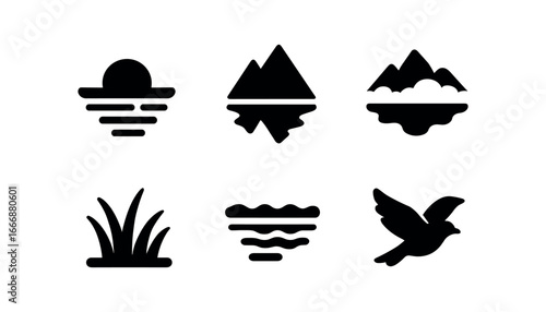 vector solid black filled icons tarn (sunrise view): pink sky calm water mirrored peaks soft mist grassy bank bird silhouette.