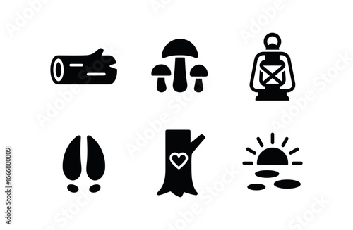 vector solid black filled icons treasure trail (forest glade): fallen log wild mushrooms old lantern deer track tree carving sunbeam patch.