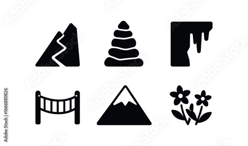 vector solid black filled icons treasure trail (mountain route): steep path stone cairn icy cliff rope bridge snow cap peak alpine flowers.