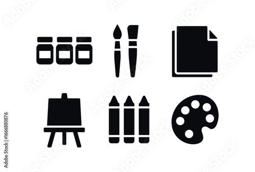 vector solid black filled icons early school years (art class): paint pots brushes paper sheets easel crayons color palette.
