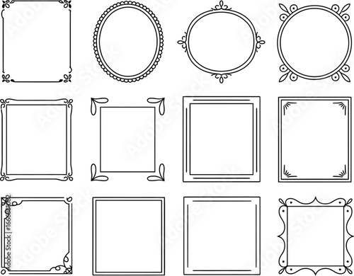 Elegant ornate frames illustration set, 12 decorative vector border designs for invitations, certificates, greeting cards, stationery, and decorative design projects