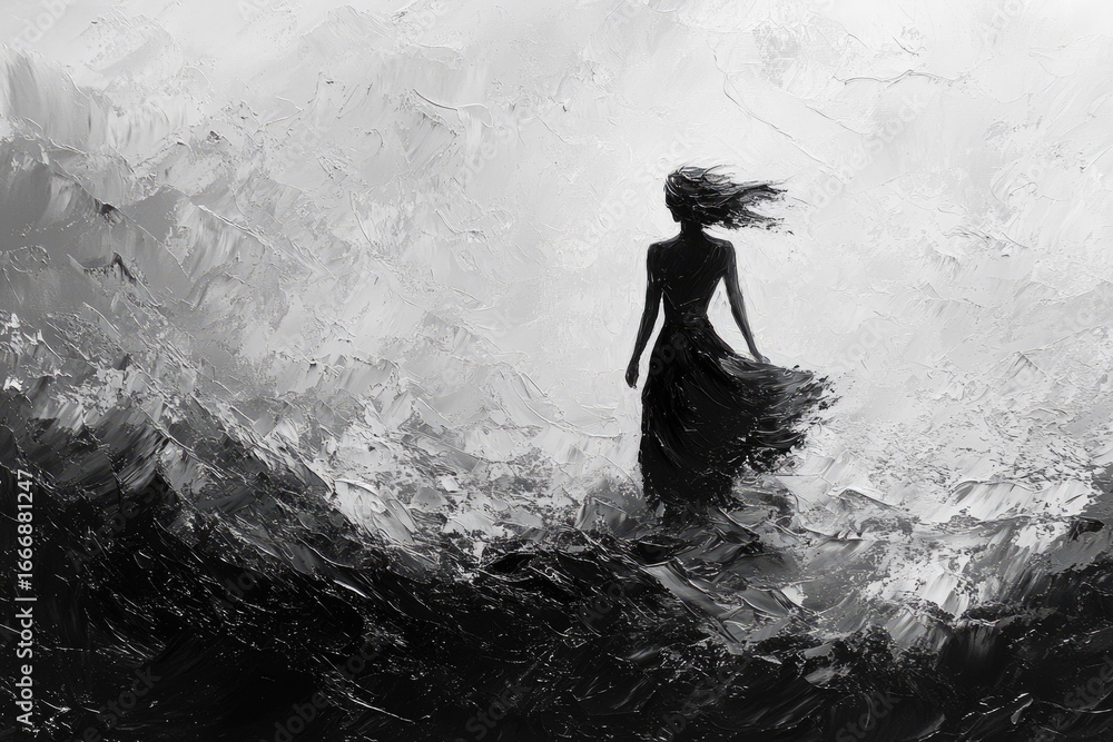 Fototapeta premium A woman in a black dress walks into a stormy grayscale landscape, her hair blowing in the wind.