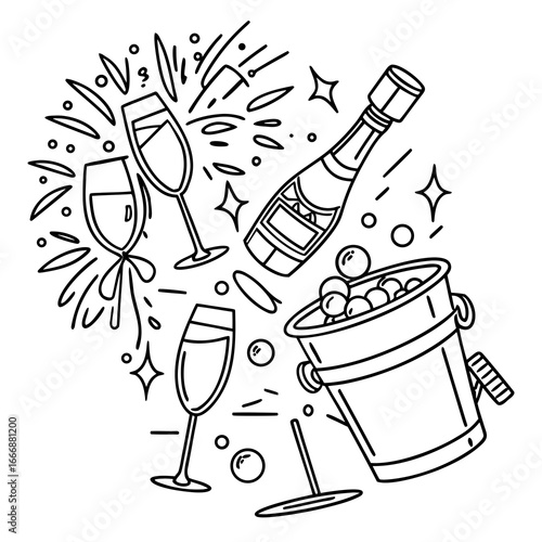 Celebratory champagne bottle and glasses with bubbles and sparkles