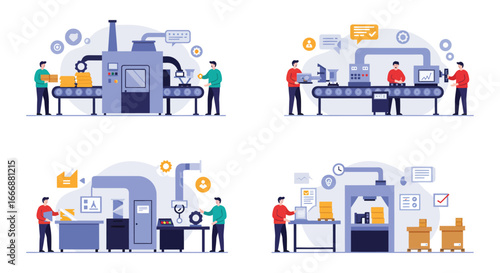 Workers in factory settings with various machines and equipment at work
