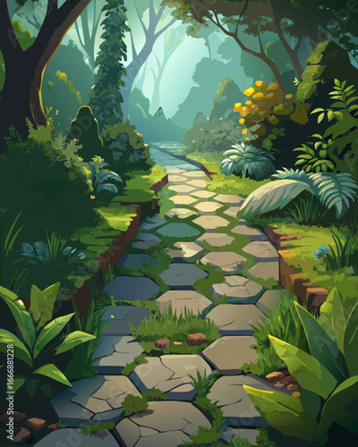 Winding garden path made of weathered hexagonal stones
