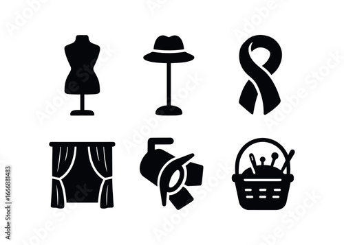 vector solid black filled icons haberdasher (window display): mannequin torso hat stand silk scarf curtain backdrop spotlight sewing basket.