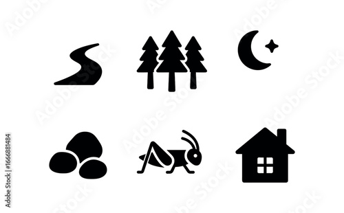 vector solid black filled icons evening stroll (forest edge): dirt path tall pines fading light mossy stones chirping crickets distant cabin.