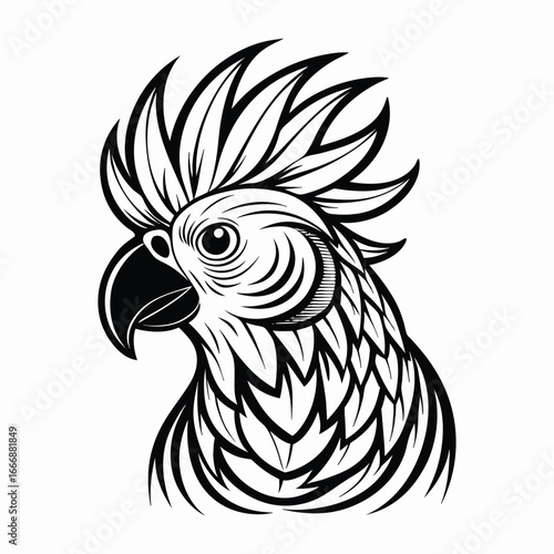 a parrot head with a long Mohawk