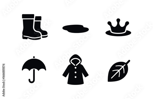 vector solid black filled icons rain boots and puddles (child play): boots shallow puddle splash crown small umbrella raincoat fallen leaf.