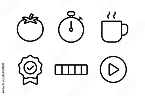 vector outline icons time blocking schedule (focus sessions): pomodoro icon session timer break icon focus badge timeline bar play button.