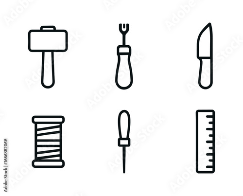 vector outline icons leatherworker (bench tools): mallet edge beveler knife thread spool awl ruler.