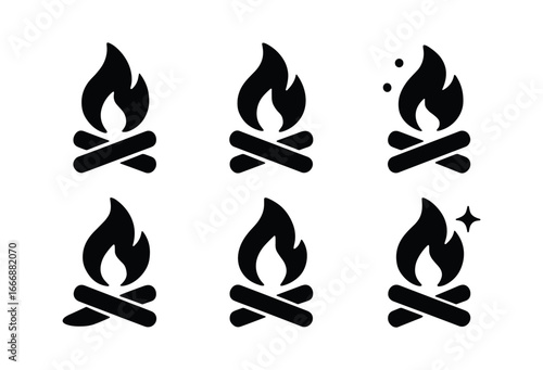 vector solid black filled icons camping tent (campfire): fire logs flame icon ember dots shadow smear light rim star dot.