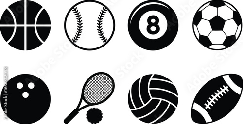 Flat vector icons depicting a collection of various sports balls, including basketball, baseball, soccer, and more, suitable for athletic themes and game-related graphic designs