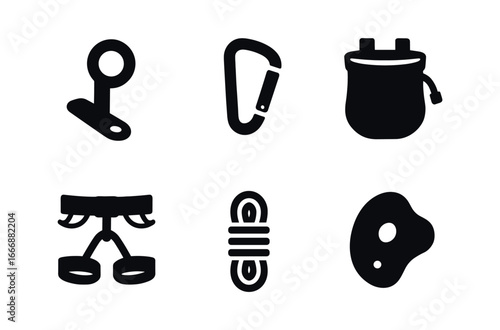 vector solid black filled icons wall climbing (sport route): anchor bolt carabiner hook chalk bag harness clip rope coil rock hold.