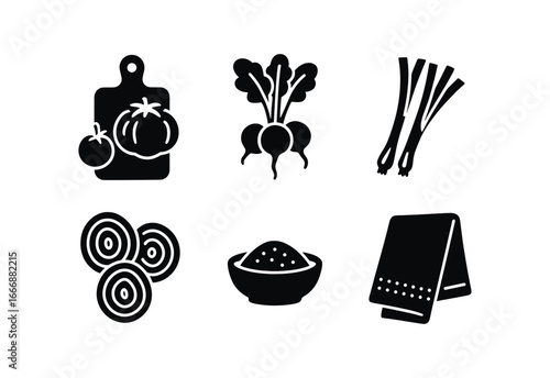 vector solid black filled icons cutting board with veggies (rustic farm): heirloom tomatoes radish bunch green onions beet slices salt dish linen towel.