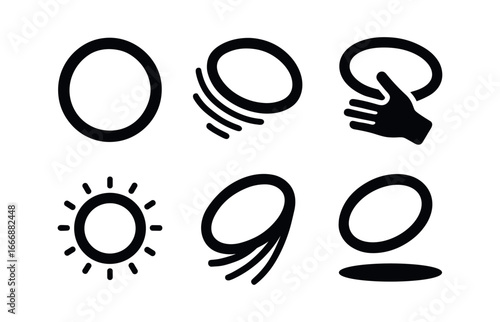 vector solid black filled icons hoop dancing (LED hoop): light ring motion trails hand spin glow rim fiber strands shadow smear.