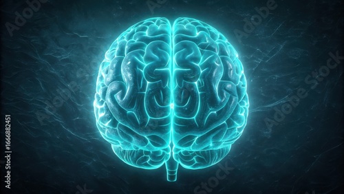 Glowing neon blue human brain anatomy top view digital art concept for science and technology
