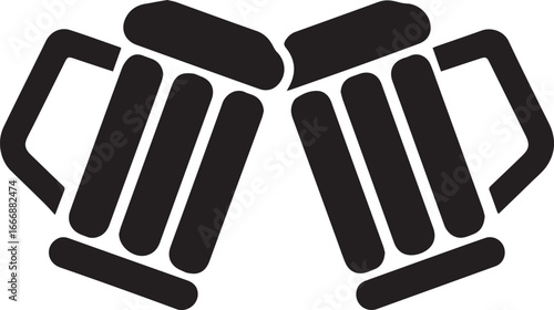Cheers: two clinking beer mugs black vector icon.