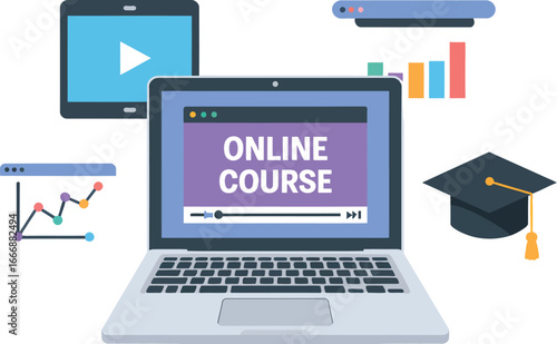 Online Course Concept Laptop with Course Display and Educational Icons for Learning