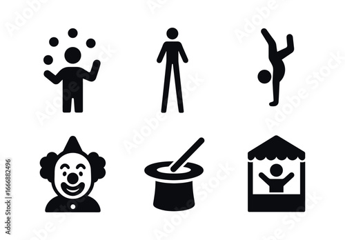 vector solid black filled icons seasonal fair (performers): juggler icon stilt walker acrobat silhouette clown face magician hat puppet stage.