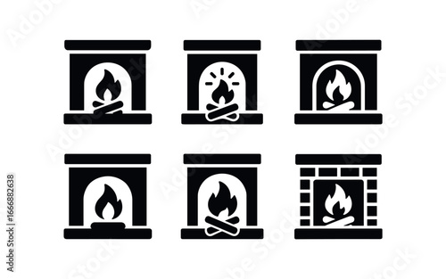 vector solid black filled icons cozy fireplace scene (fireplace hearth): hearth stones fire logs flame rays shadow smear light rim brick texture.