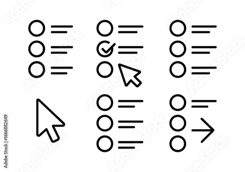 vector outline icons customer satisfaction survey (multiple choice): radio buttons option labels list lines cursor click submit arrow shadow smear.