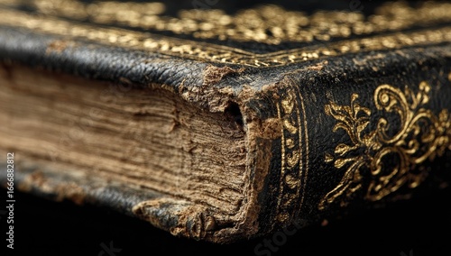 Close-up of antique book's edge. Aged leather cover, showing gold ornamentation and worn, cracked, and darkened pages