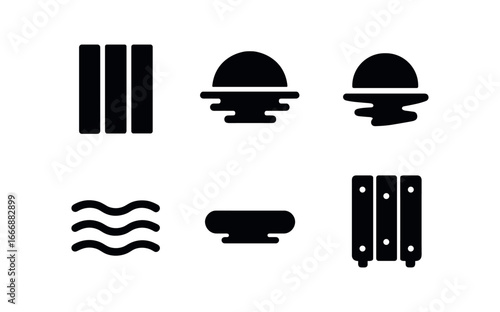 vector solid black filled icons wooden dock sunset (dock planks): plank lines sunset arc water reflection shadow smear light rim nail dots.